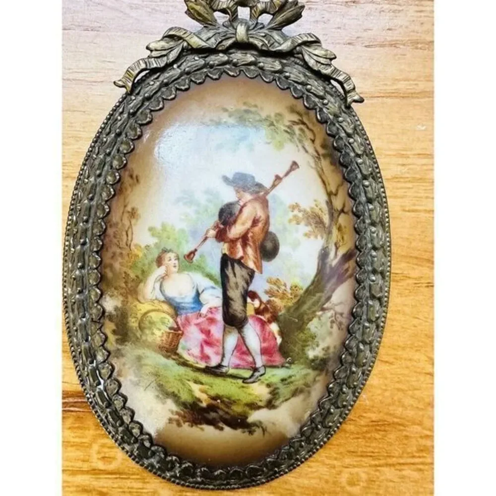 Vintage Porcelain Miniature Oval‎ Plaque Couple & Landscape Wall Art See Photos